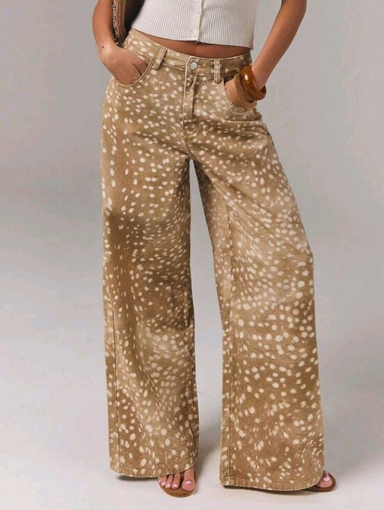 Denim - Denim Women's Casual Versatile All-Over Print Button Pocket Denim Long Pants